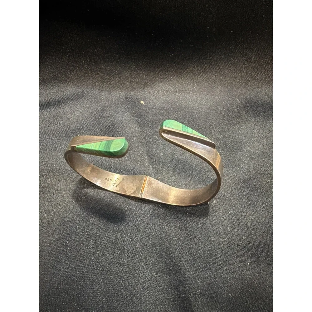 Vtg 46g Taxco Mexico 925 Silver Malachite Clamp Cuff Bracelet TJ-07 REPAIR AS-IS